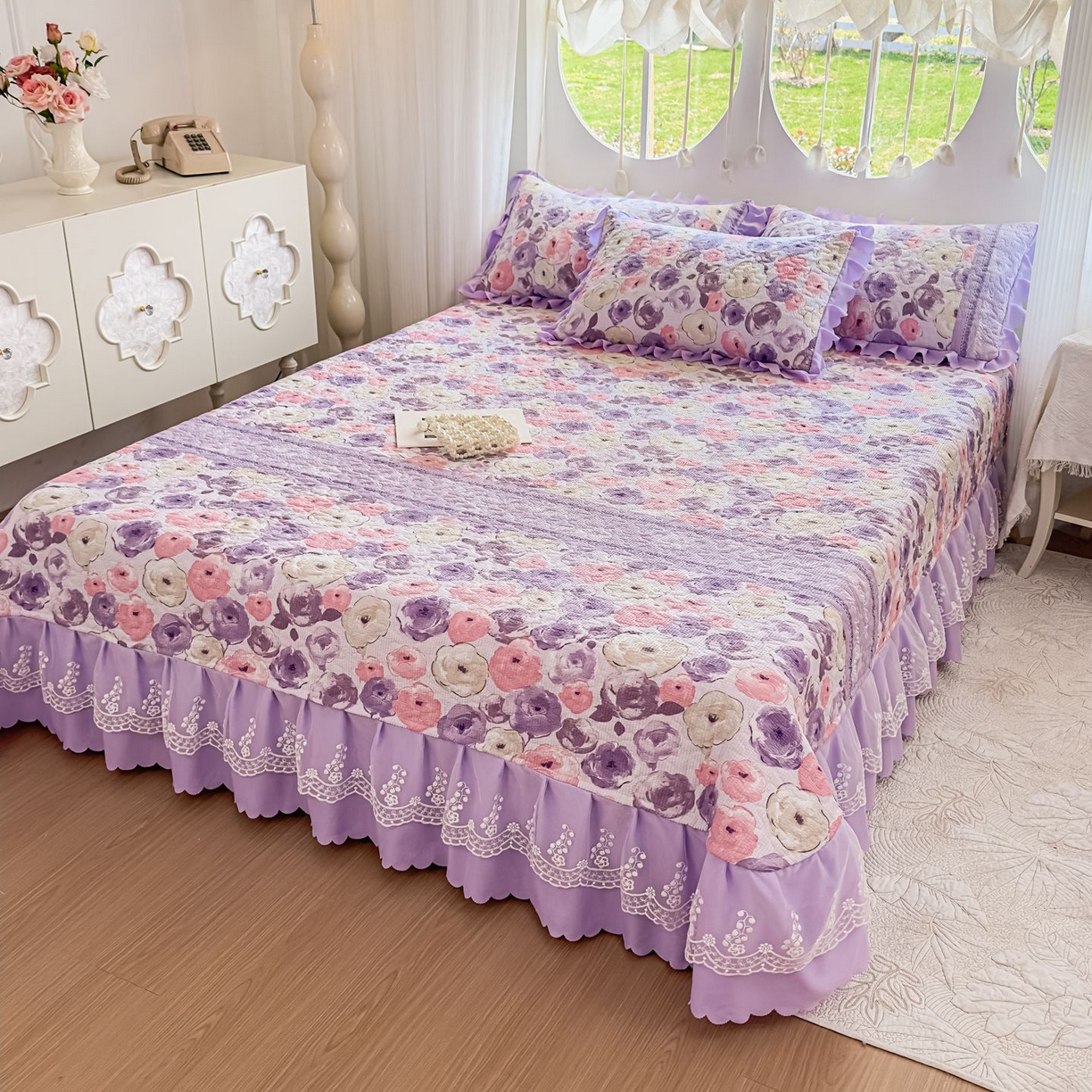 91家纺网 家纺一手货源 找家纺 雅眠居 2026直播爆款泡芙棉双层蕾丝花边床盖四件套 莫奈花园