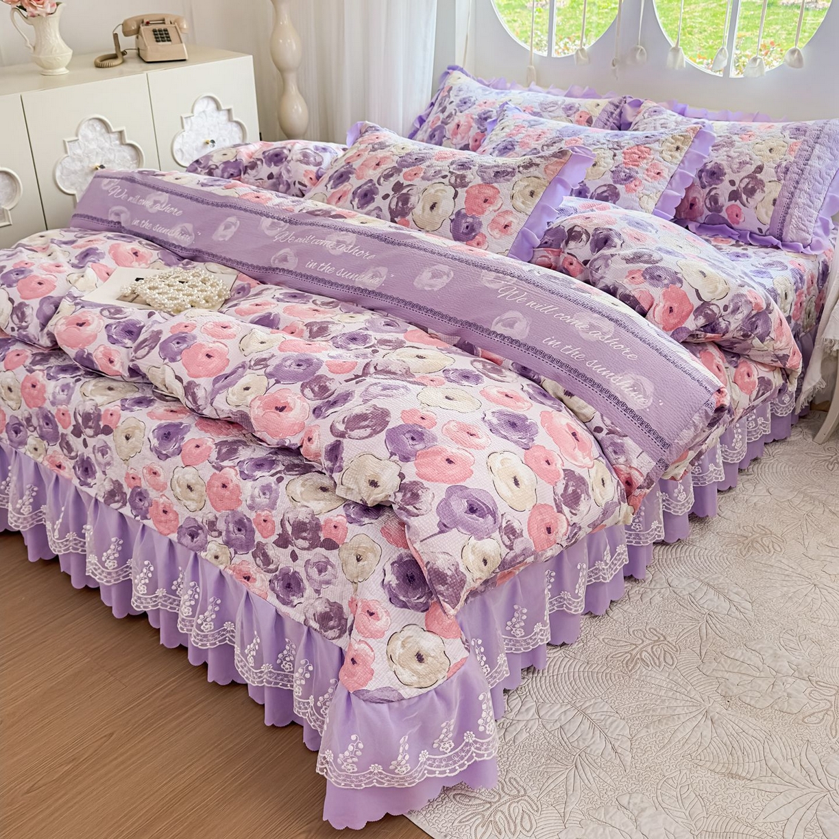 雅眠居 2026直播爆款泡芙棉双层蕾丝花边床盖四件套 莫奈花园