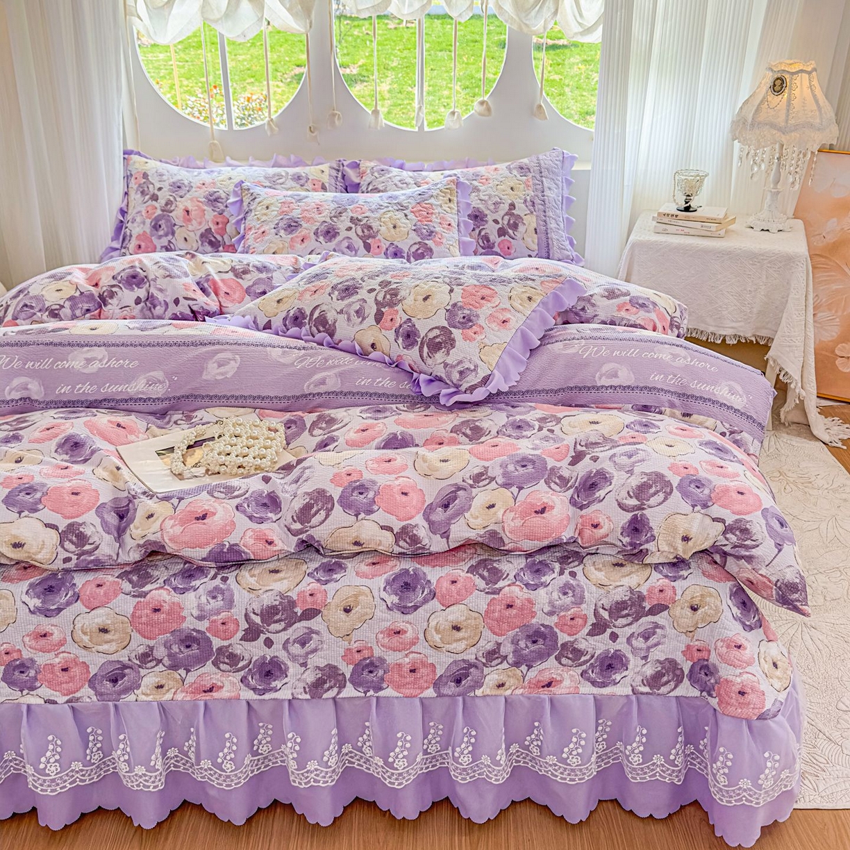 91家纺网 家纺一手货源 找家纺 雅眠居 2026直播爆款泡芙棉双层蕾丝花边床盖四件套 莫奈花园