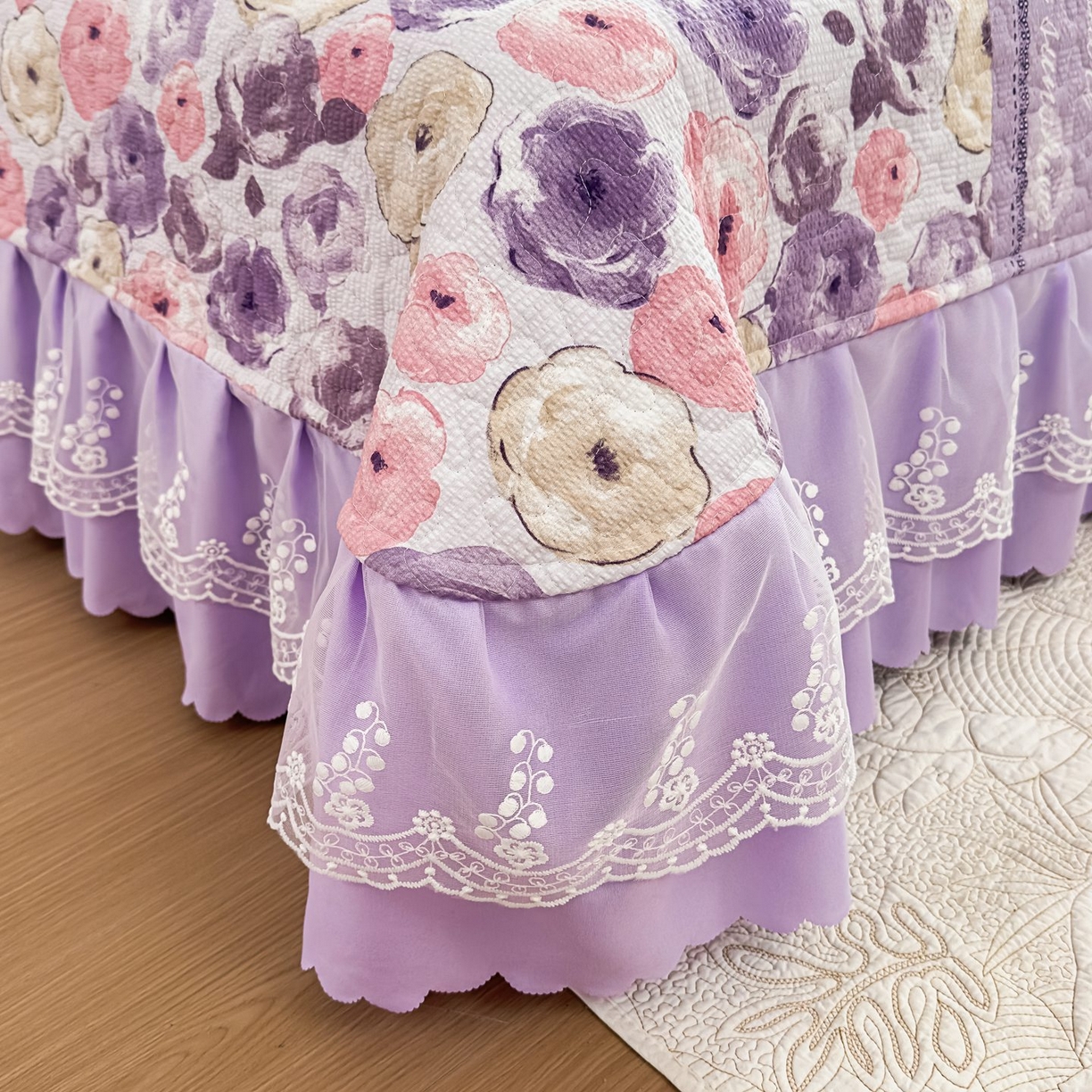 91家纺网 家纺一手货源 找家纺 雅眠居 2026直播爆款泡芙棉双层蕾丝花边床盖四件套 莫奈花园