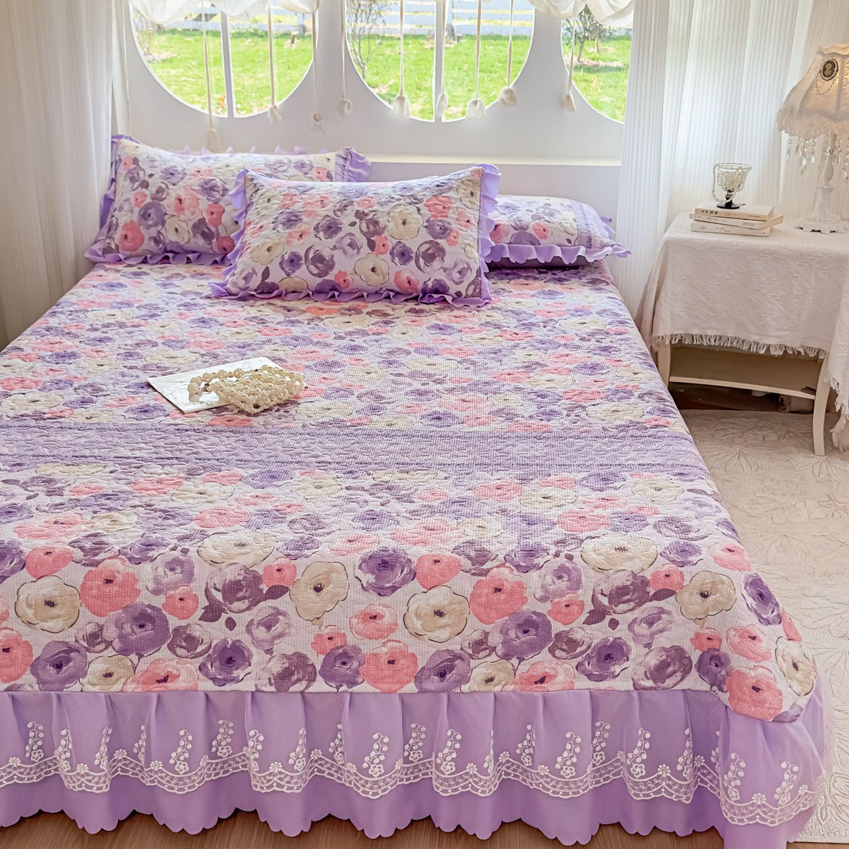 91家纺网 家纺一手货源 找家纺 雅眠居 2026直播爆款泡芙棉双层蕾丝花边床盖四件套 莫奈花园