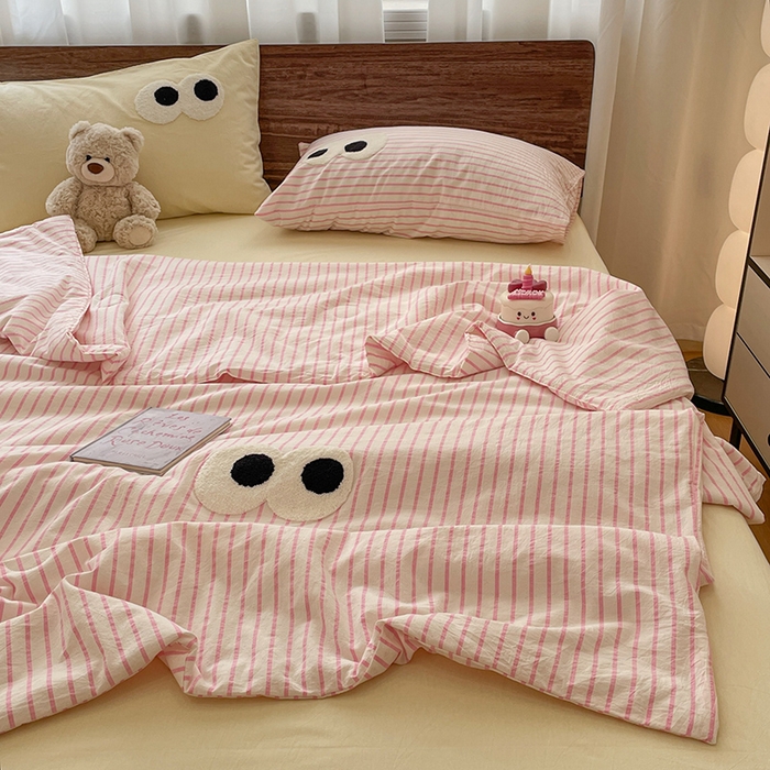 91家纺网 家纺一手货源 找家纺 （总）桃心家居 2026春夏新款A类ins云柔水洗棉升级毛巾绣大眼睛大豆单夏被夏被四件套