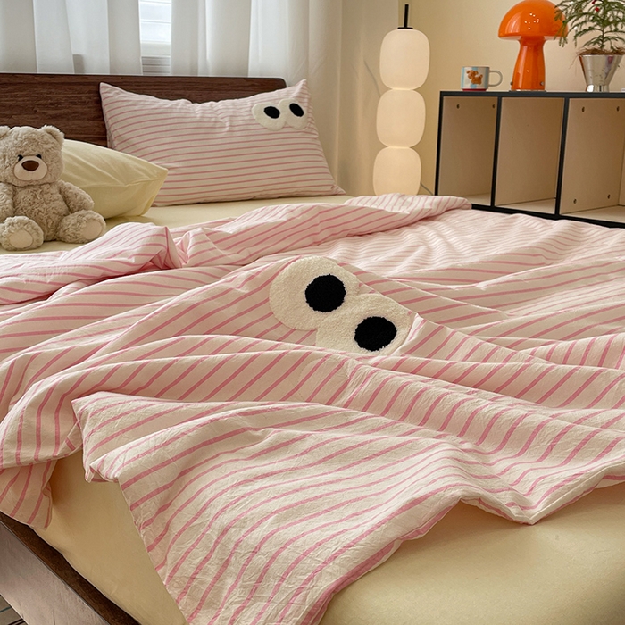 91家纺网 家纺一手货源 找家纺 （总）桃心家居 2026春夏新款A类ins云柔水洗棉升级毛巾绣大眼睛大豆单夏被夏被四件套