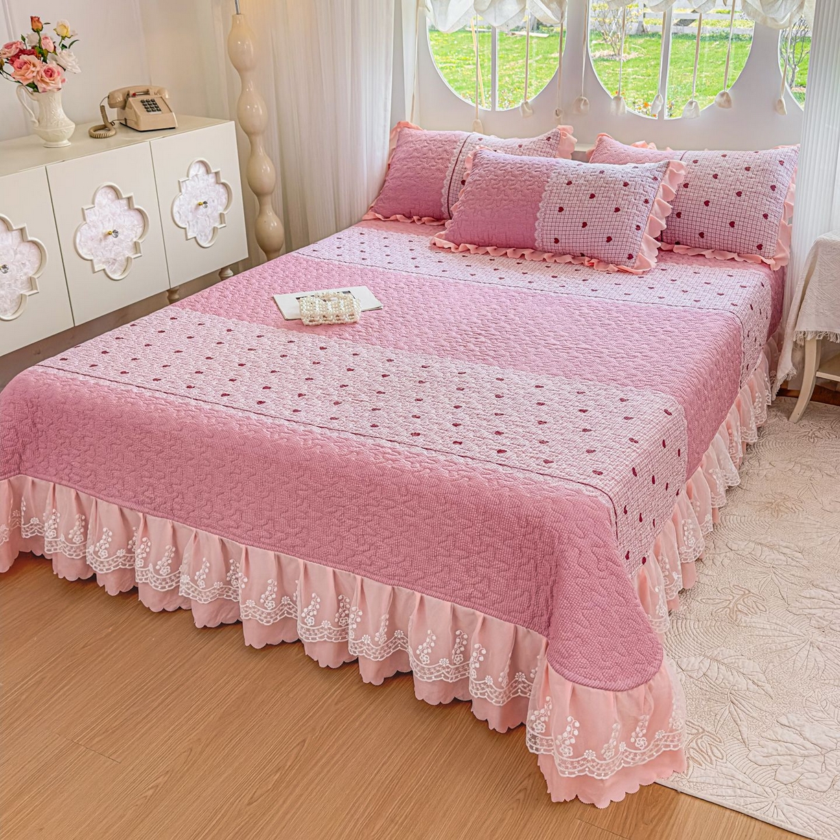 91家纺网 家纺一手货源 找家纺 雅眠居 2026直播爆款泡芙棉双层蕾丝花边床盖四件套 甜心-粉