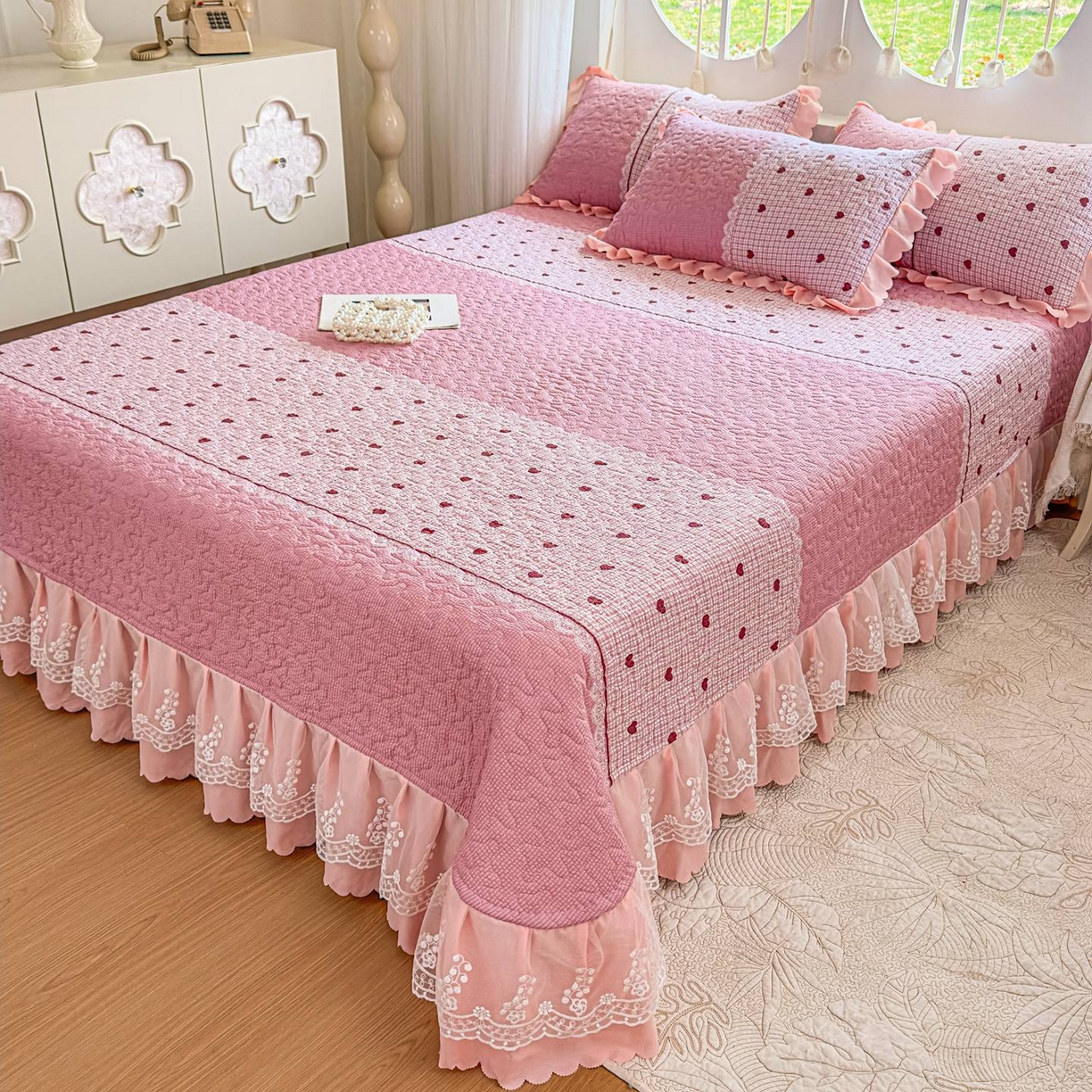 91家纺网 家纺一手货源 找家纺 雅眠居 2026直播爆款泡芙棉双层蕾丝花边床盖四件套 甜心-粉