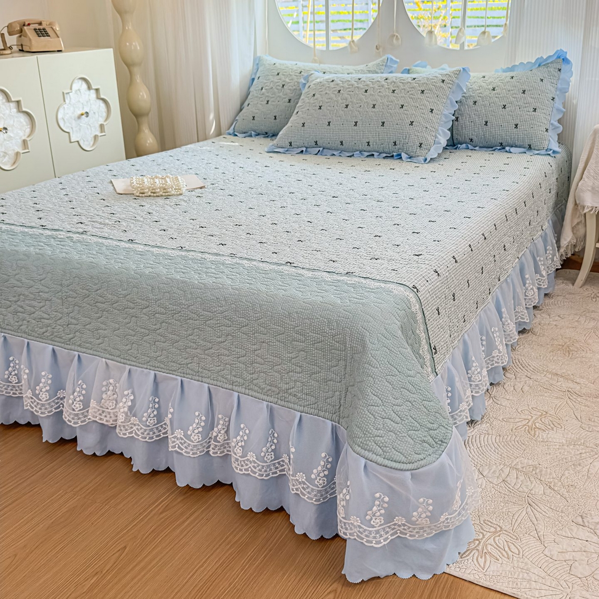 91家纺网 家纺一手货源 找家纺 雅眠居 2026直播爆款泡芙棉双层蕾丝花边床盖四件套 甜心-蓝