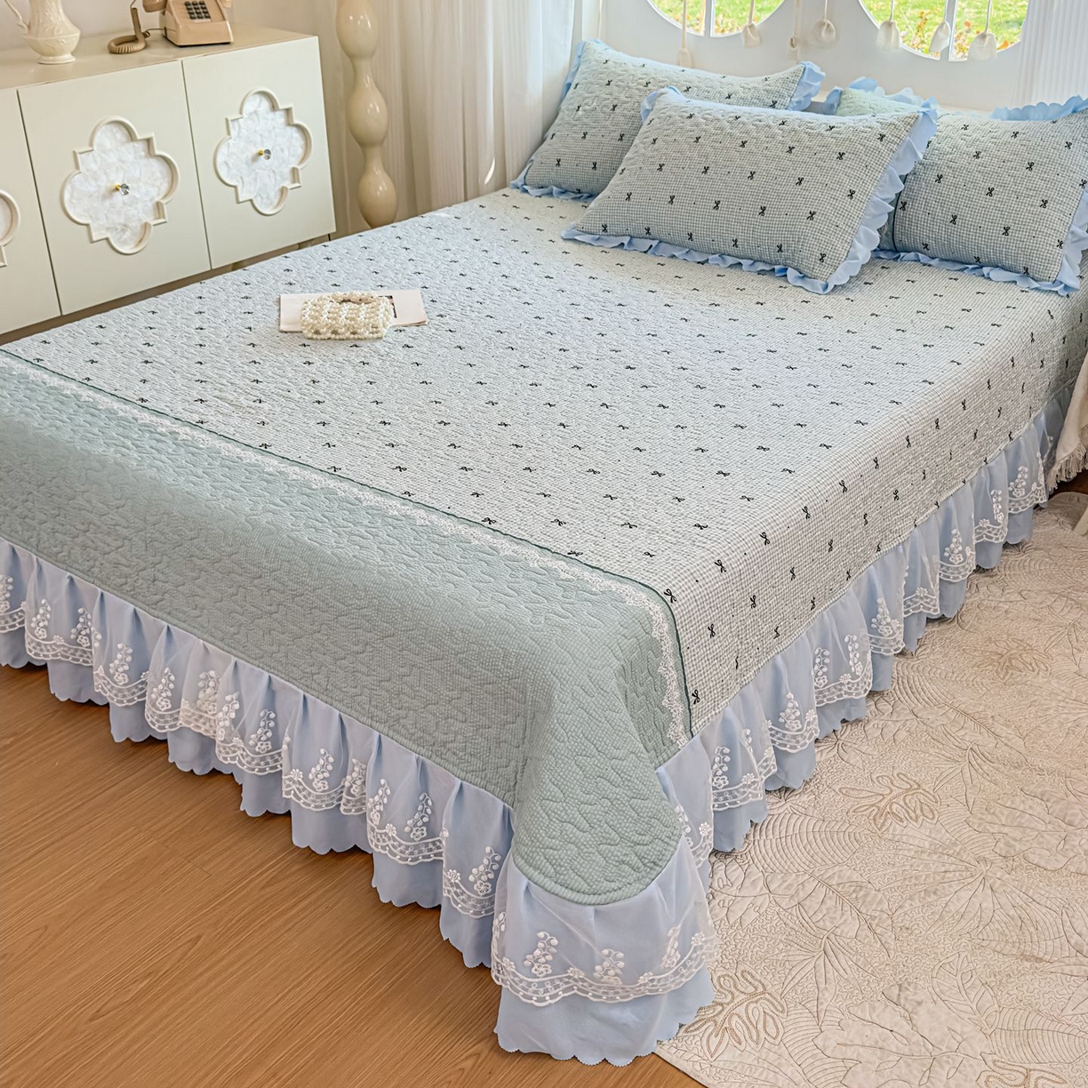 91家纺网 家纺一手货源 找家纺 雅眠居 2026直播爆款泡芙棉双层蕾丝花边床盖四件套 甜心-蓝