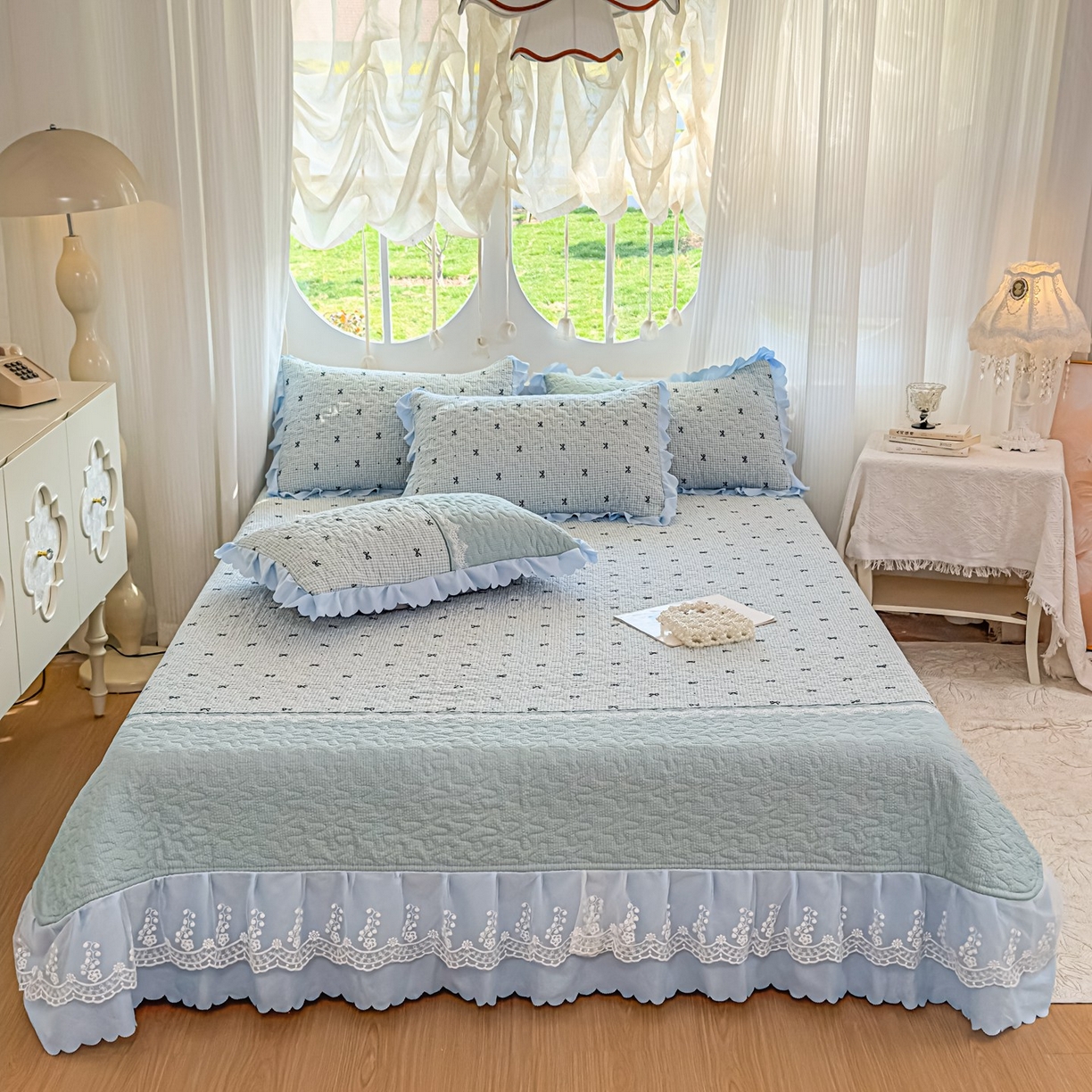 91家纺网 家纺一手货源 找家纺 雅眠居 2026直播爆款泡芙棉双层蕾丝花边床盖四件套 甜心-蓝