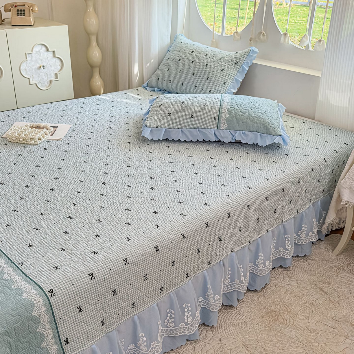 91家纺网 家纺一手货源 找家纺 雅眠居 2026直播爆款泡芙棉双层蕾丝花边床盖四件套 甜心-蓝