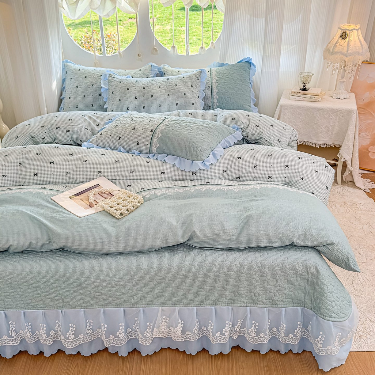 91家纺网 家纺一手货源 找家纺 雅眠居 2026直播爆款泡芙棉双层蕾丝花边床盖四件套 甜心-蓝