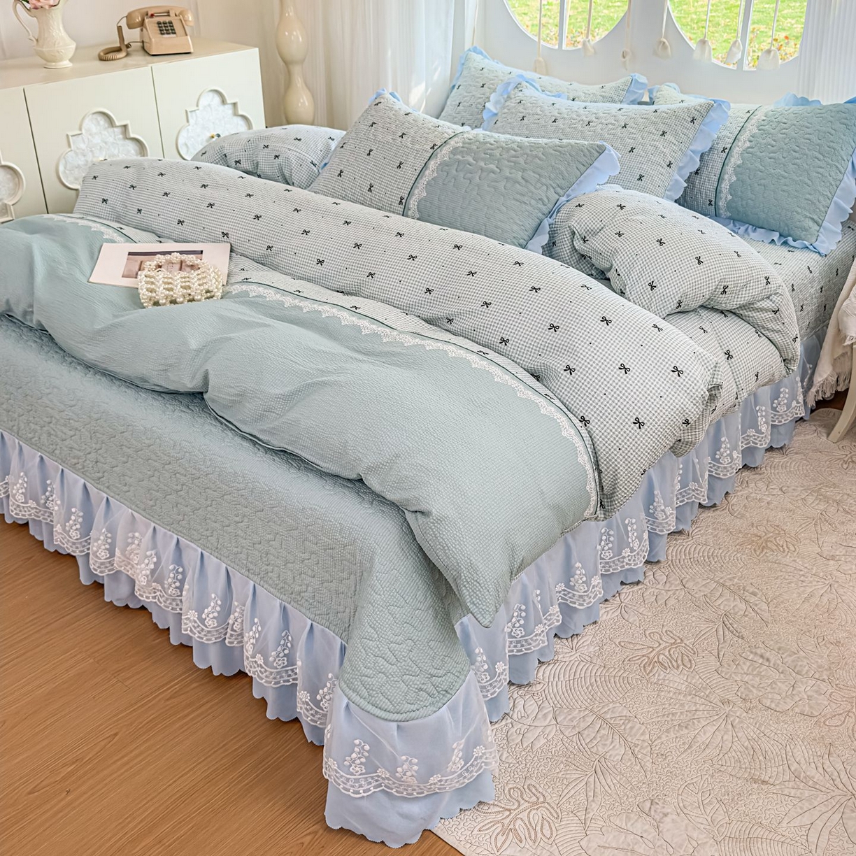 雅眠居 2026直播爆款泡芙棉双层蕾丝花边床盖四件套 甜心-蓝
