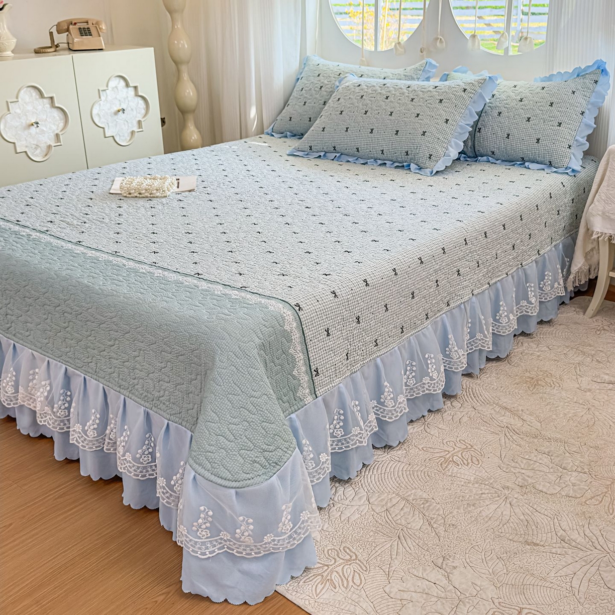 91家纺网 家纺一手货源 找家纺 雅眠居 2026直播爆款泡芙棉双层蕾丝花边床盖四件套 甜心-蓝