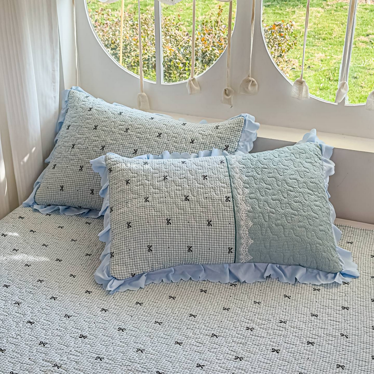 91家纺网 家纺一手货源 找家纺 雅眠居 2026直播爆款泡芙棉双层蕾丝花边床盖四件套 甜心-蓝