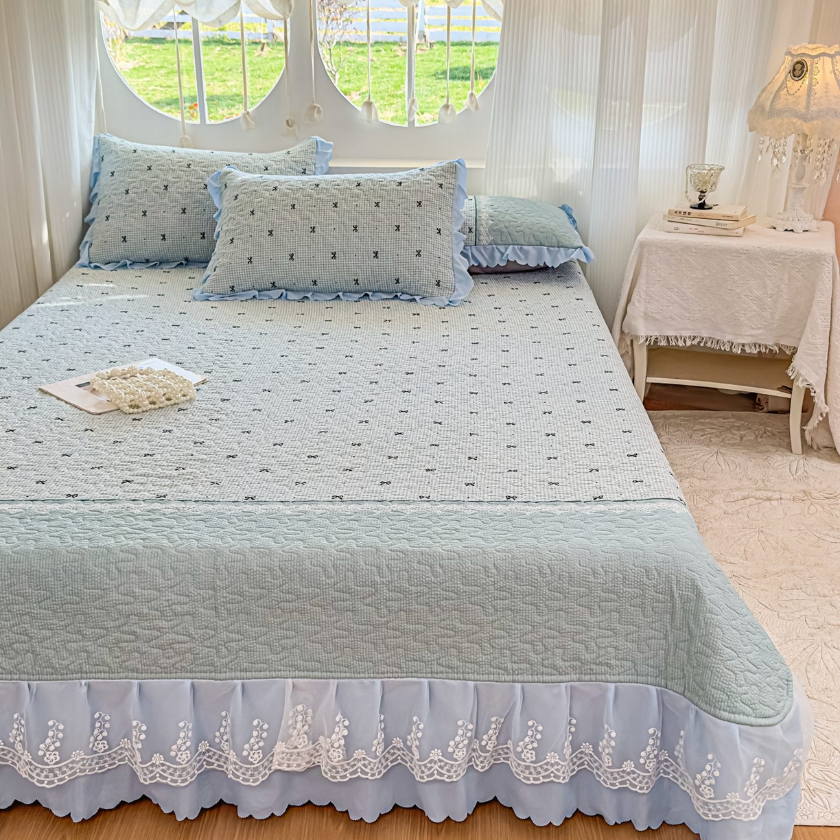 91家纺网 家纺一手货源 找家纺 雅眠居 2026直播爆款泡芙棉双层蕾丝花边床盖四件套 甜心-蓝