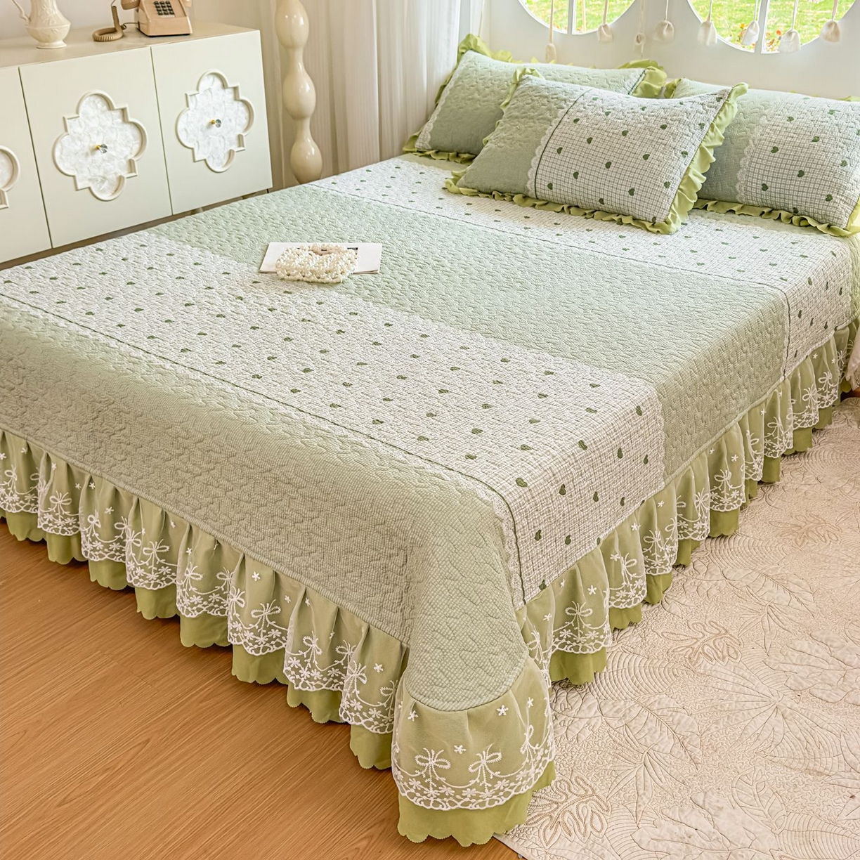 91家纺网 家纺一手货源 找家纺 雅眠居 2026直播爆款泡芙棉双层蕾丝花边床盖四件套 甜心-绿