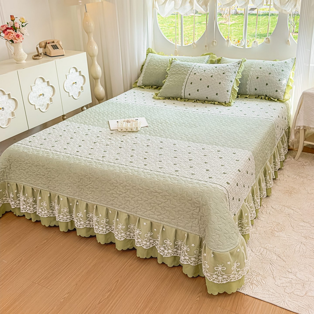 91家纺网 家纺一手货源 找家纺 雅眠居 2026直播爆款泡芙棉双层蕾丝花边床盖四件套 甜心-绿
