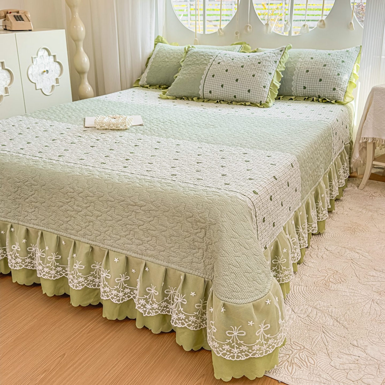 91家纺网 家纺一手货源 找家纺 雅眠居 2026直播爆款泡芙棉双层蕾丝花边床盖四件套 甜心-绿
