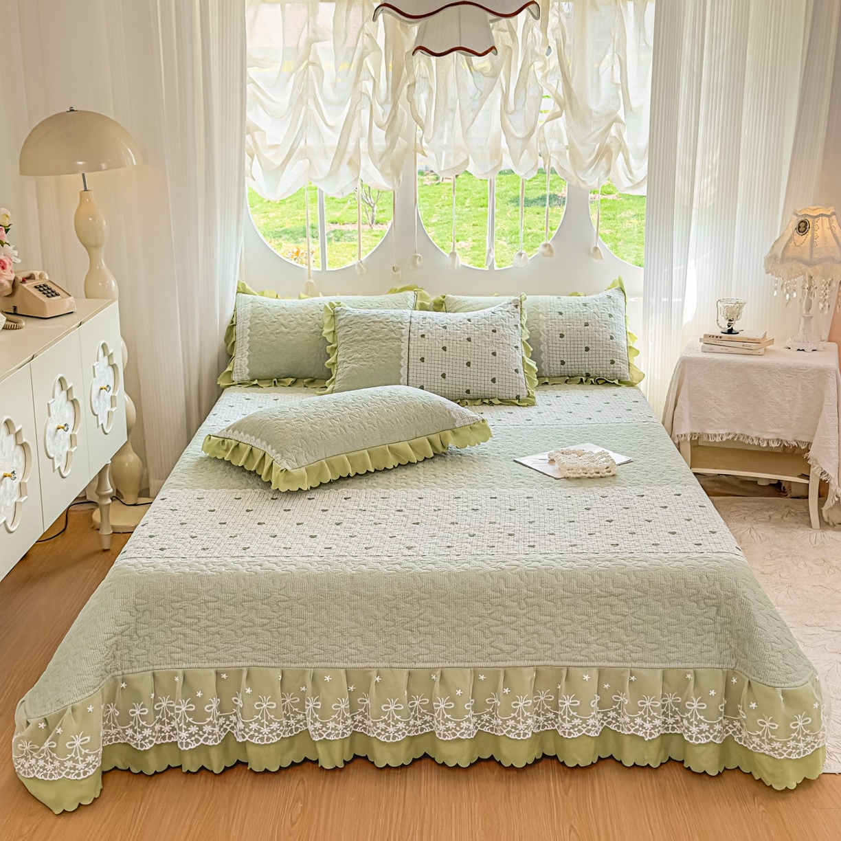 91家纺网 家纺一手货源 找家纺 雅眠居 2026直播爆款泡芙棉双层蕾丝花边床盖四件套 甜心-绿