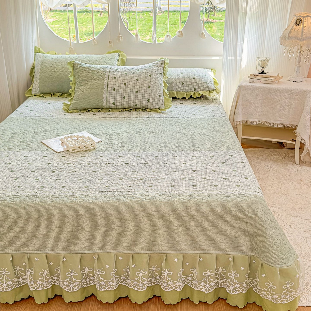 91家纺网 家纺一手货源 找家纺 雅眠居 2026直播爆款泡芙棉双层蕾丝花边床盖四件套 甜心-绿