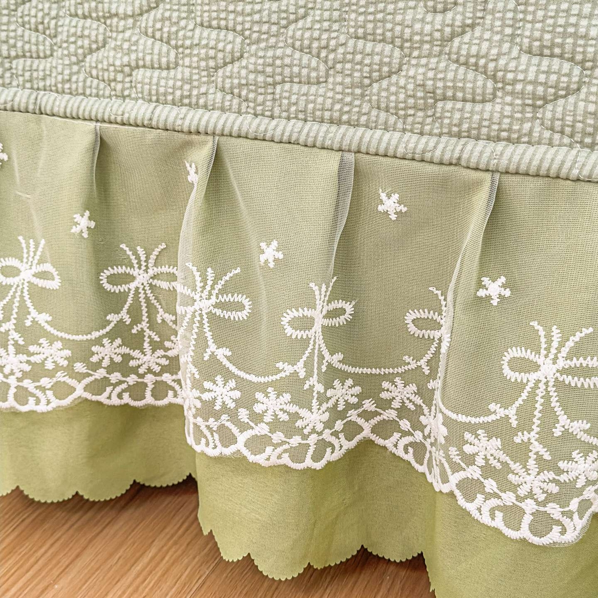 91家纺网 家纺一手货源 找家纺 雅眠居 2026直播爆款泡芙棉双层蕾丝花边床盖四件套 甜心-绿