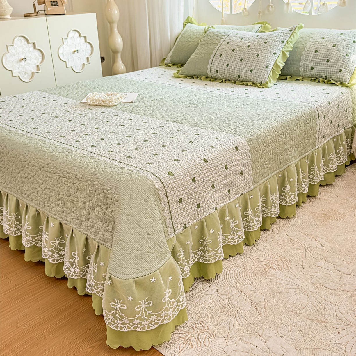 91家纺网 家纺一手货源 找家纺 雅眠居 2026直播爆款泡芙棉双层蕾丝花边床盖四件套 甜心-绿