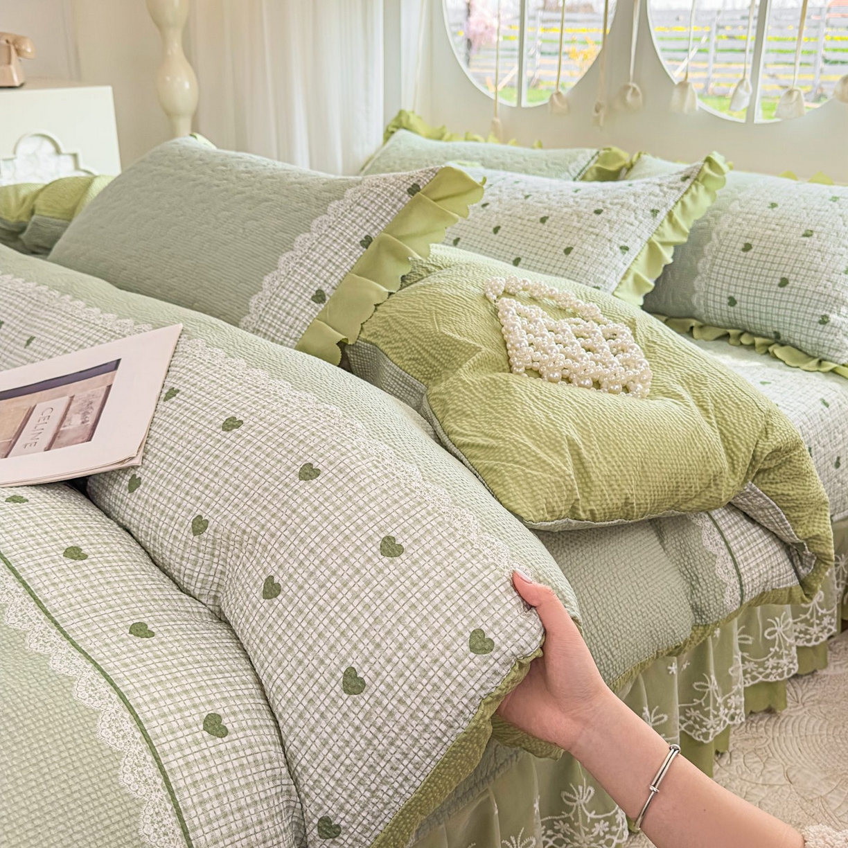91家纺网 家纺一手货源 找家纺 雅眠居 2026直播爆款泡芙棉双层蕾丝花边床盖四件套 甜心-绿