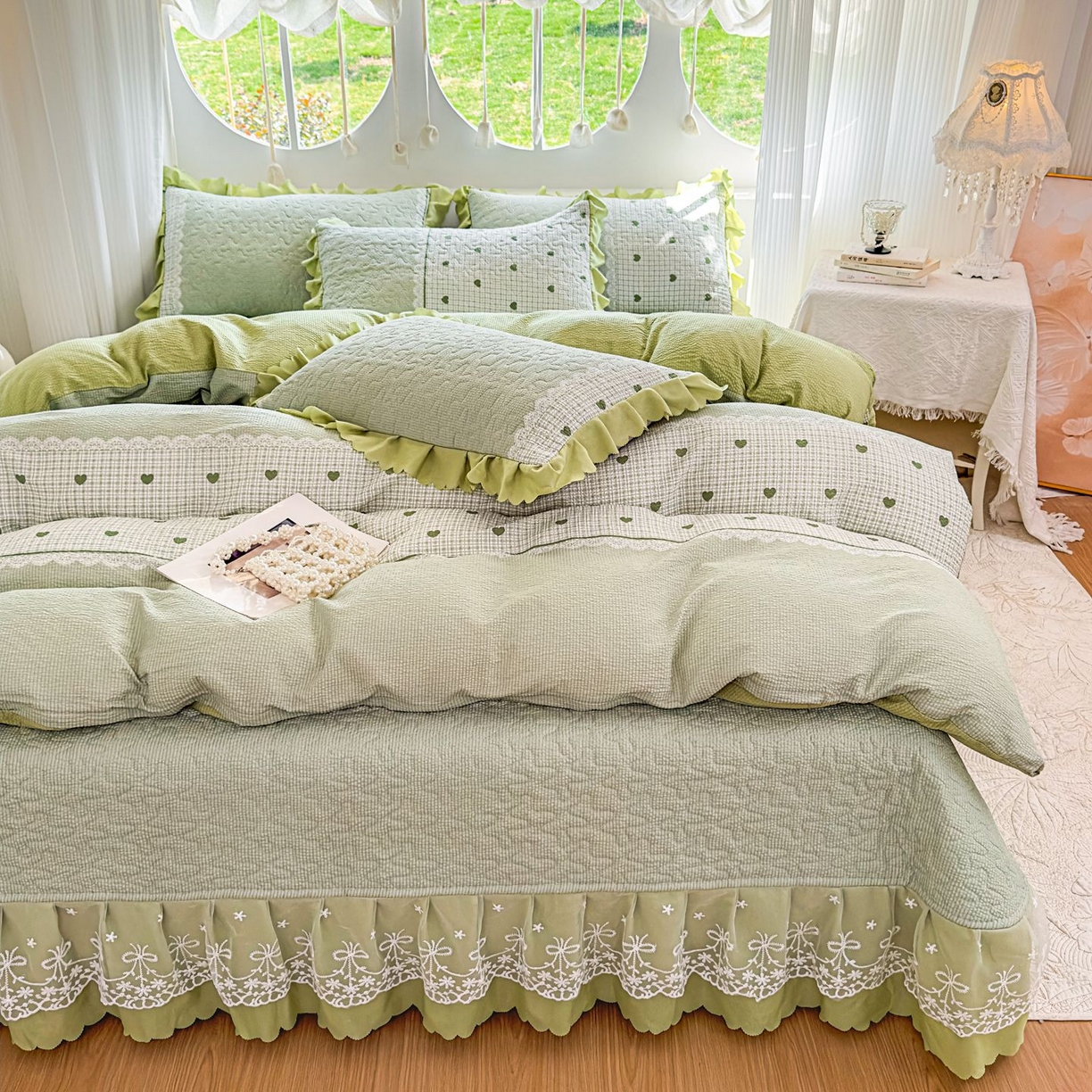 91家纺网 家纺一手货源 找家纺 雅眠居 2026直播爆款泡芙棉双层蕾丝花边床盖四件套 甜心-绿