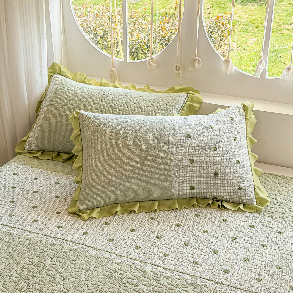 91家纺网 家纺一手货源 找家纺 雅眠居 2026直播爆款泡芙棉双层蕾丝花边床盖四件套 甜心-绿