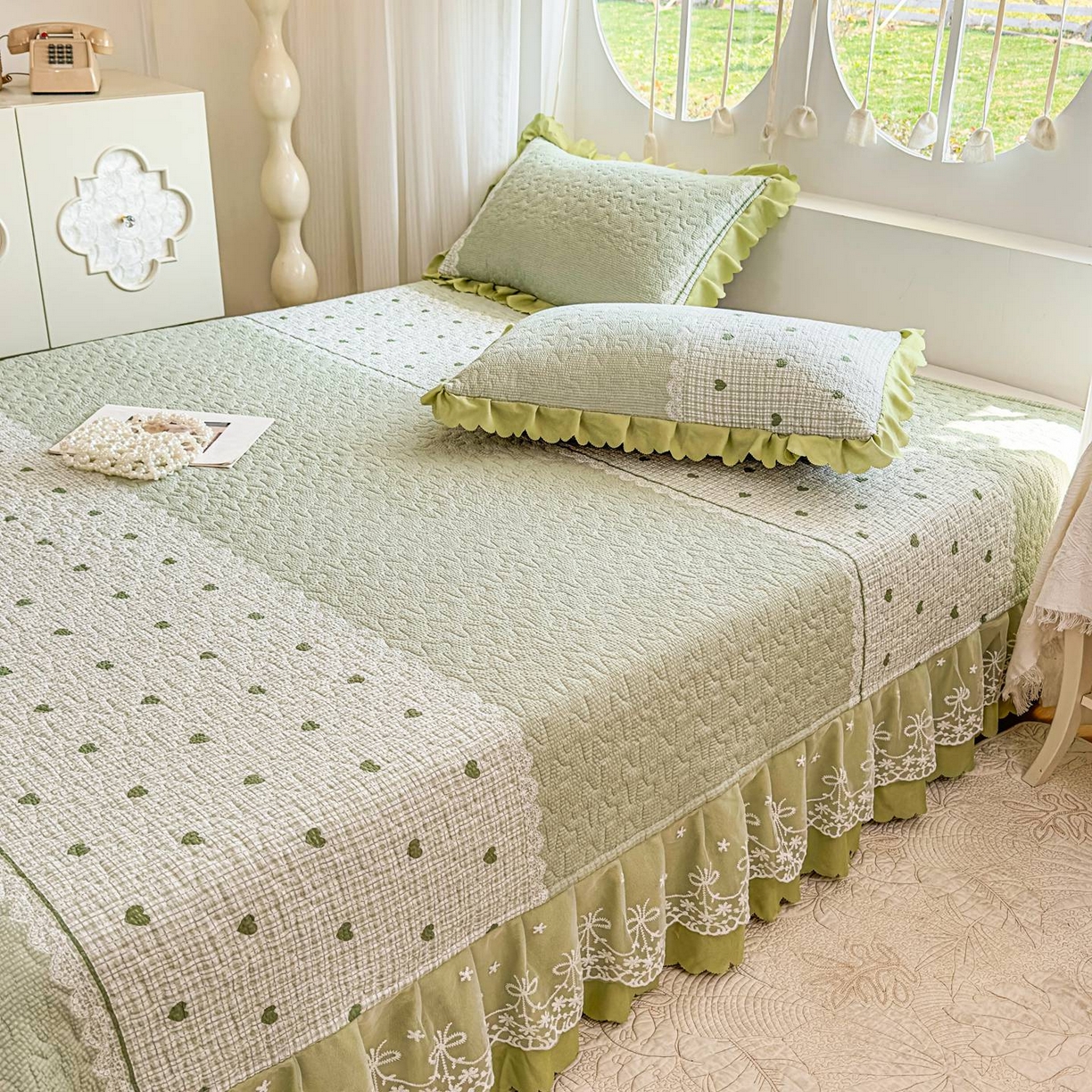 91家纺网 家纺一手货源 找家纺 雅眠居 2026直播爆款泡芙棉双层蕾丝花边床盖四件套 甜心-绿