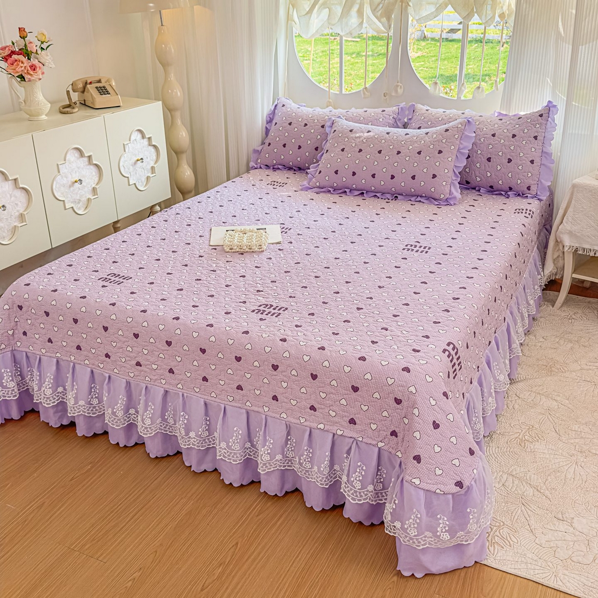 91家纺网 家纺一手货源 找家纺 雅眠居 2026直播爆款泡芙棉双层蕾丝花边床盖四件套 甜心-紫