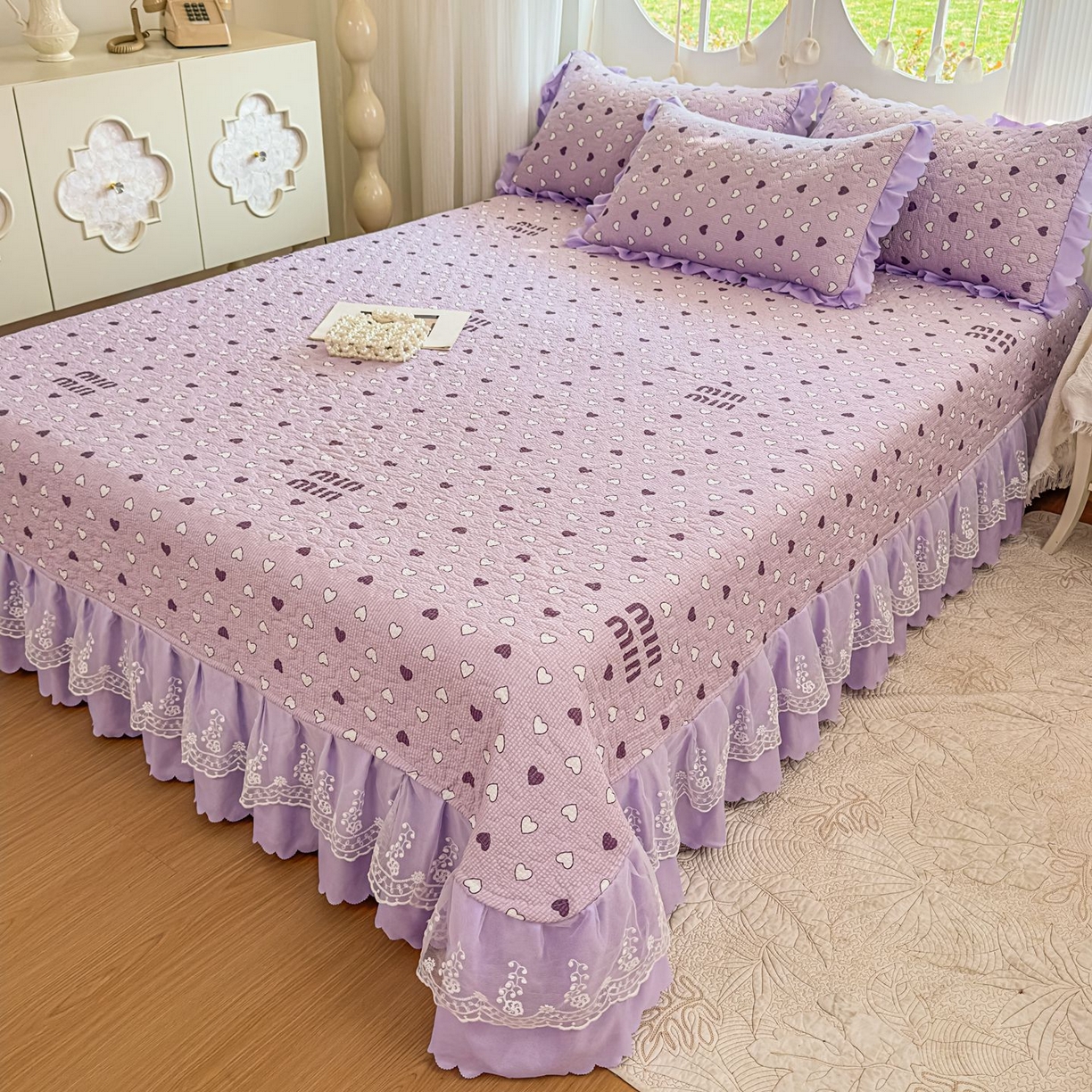 91家纺网 家纺一手货源 找家纺 雅眠居 2026直播爆款泡芙棉双层蕾丝花边床盖四件套 甜心-紫