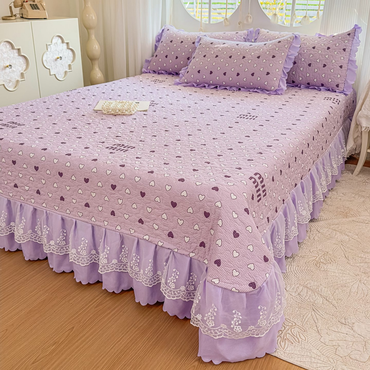 91家纺网 家纺一手货源 找家纺 雅眠居 2026直播爆款泡芙棉双层蕾丝花边床盖四件套 甜心-紫