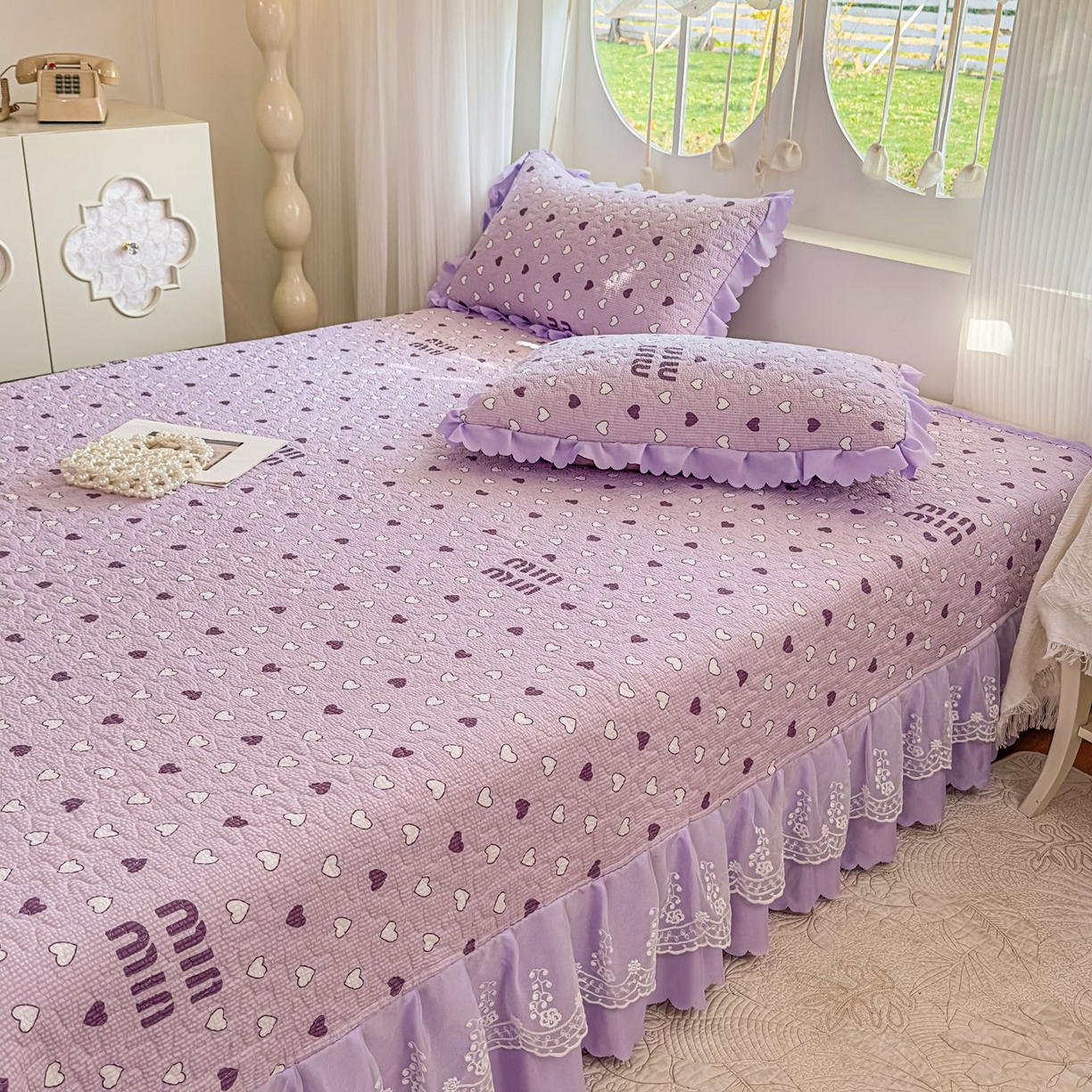 91家纺网 家纺一手货源 找家纺 雅眠居 2026直播爆款泡芙棉双层蕾丝花边床盖四件套 甜心-紫