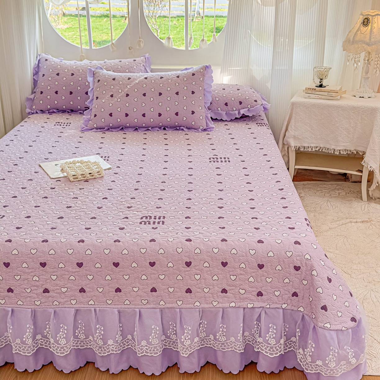 91家纺网 家纺一手货源 找家纺 雅眠居 2026直播爆款泡芙棉双层蕾丝花边床盖四件套 甜心-紫