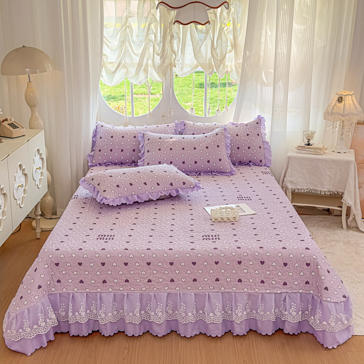 91家纺网 家纺一手货源 找家纺 雅眠居 2026直播爆款泡芙棉双层蕾丝花边床盖四件套 甜心-紫