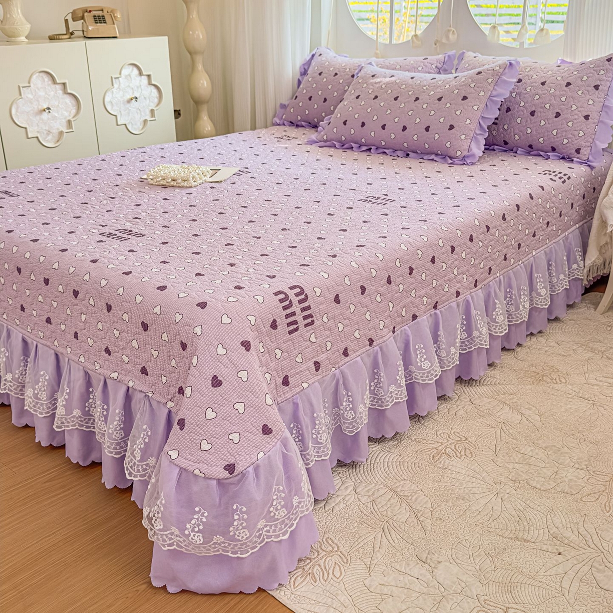 91家纺网 家纺一手货源 找家纺 雅眠居 2026直播爆款泡芙棉双层蕾丝花边床盖四件套 甜心-紫