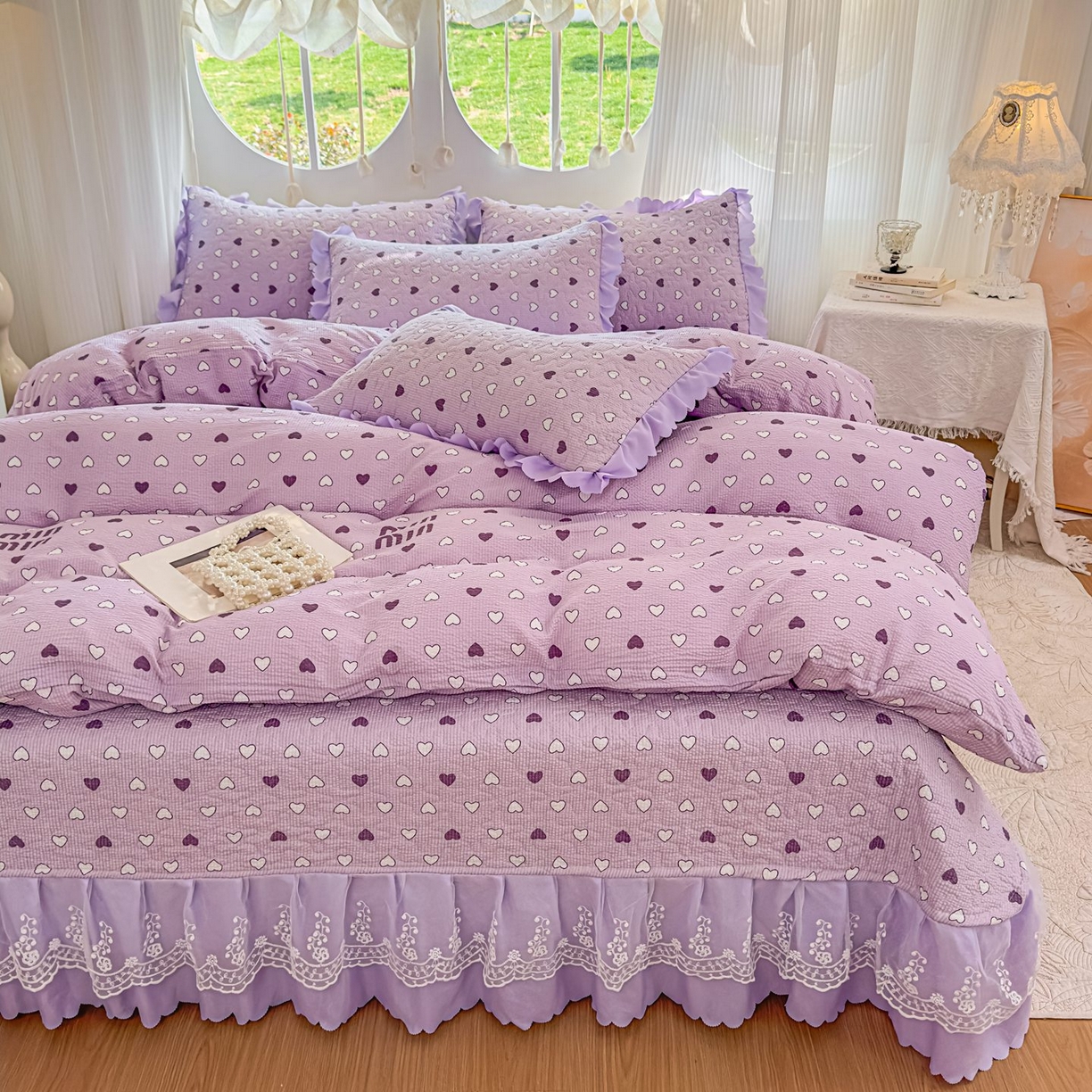 91家纺网 家纺一手货源 找家纺 雅眠居 2026直播爆款泡芙棉双层蕾丝花边床盖四件套 甜心-紫