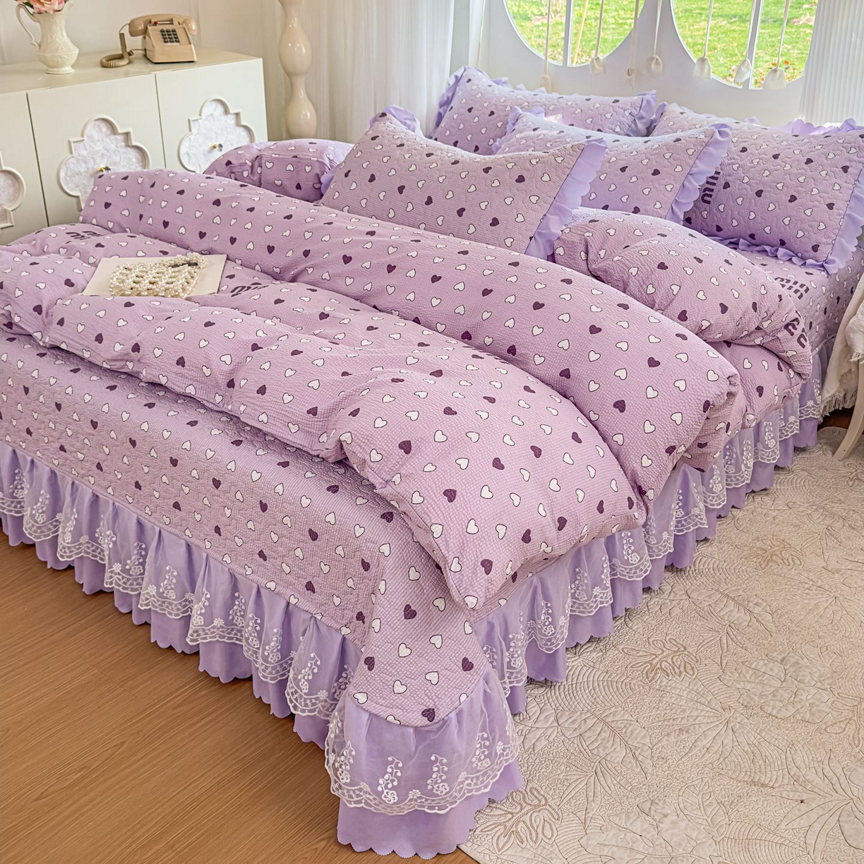 雅眠居 2026直播爆款泡芙棉双层蕾丝花边床盖四件套 甜心-紫