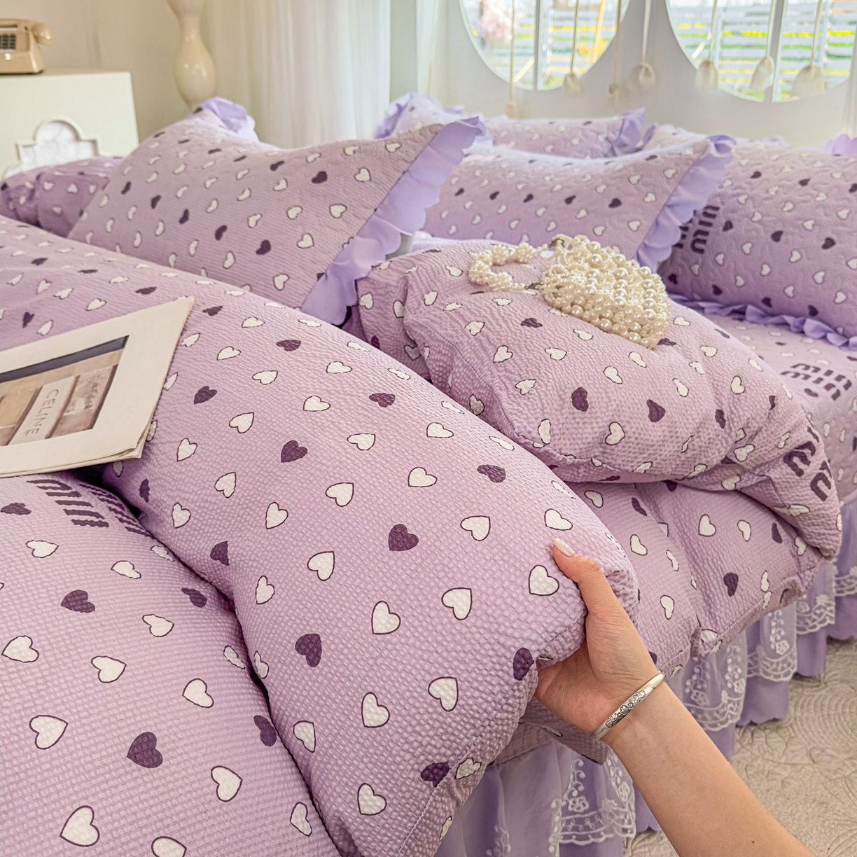 91家纺网 家纺一手货源 找家纺 雅眠居 2026直播爆款泡芙棉双层蕾丝花边床盖四件套 甜心-紫