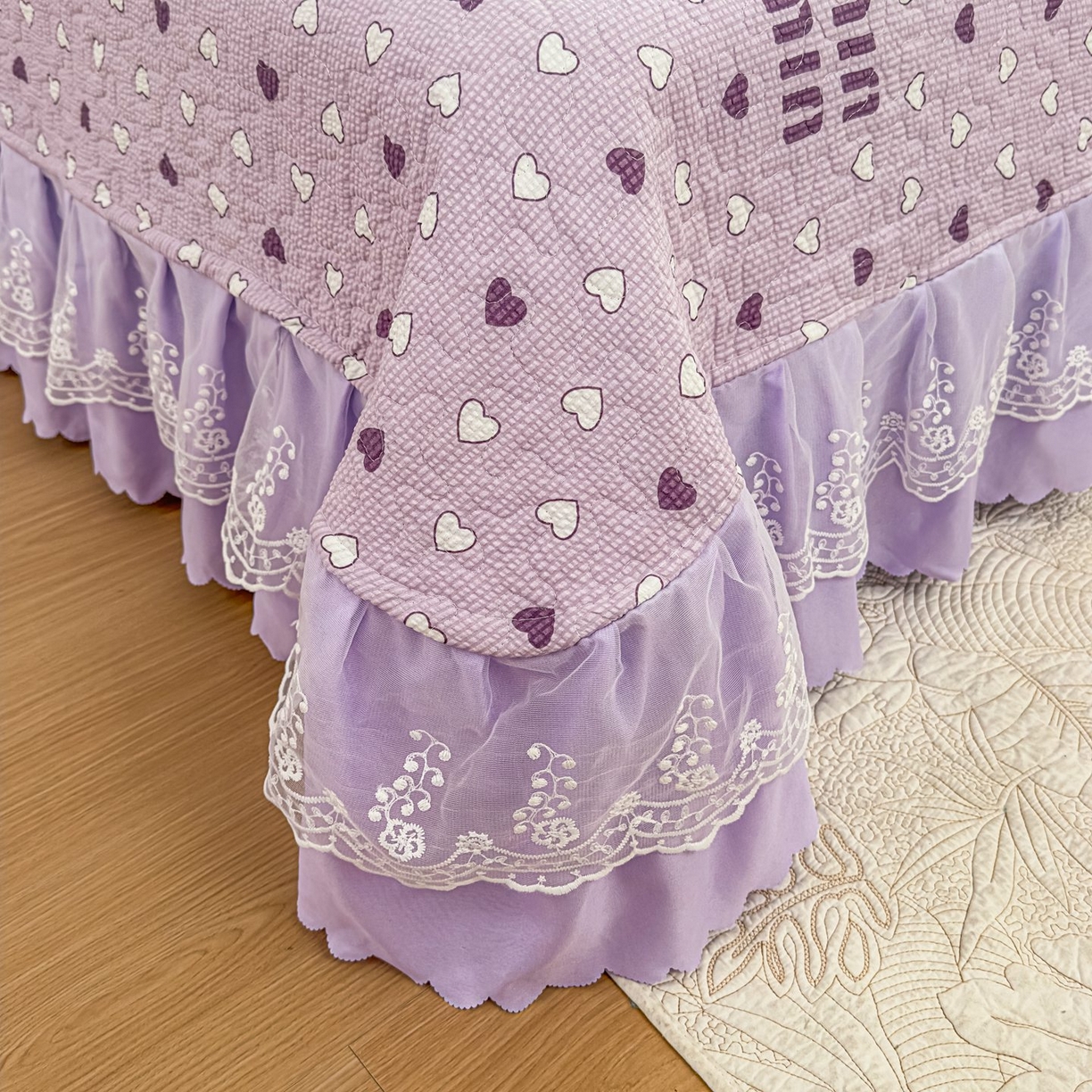 91家纺网 家纺一手货源 找家纺 雅眠居 2026直播爆款泡芙棉双层蕾丝花边床盖四件套 甜心-紫