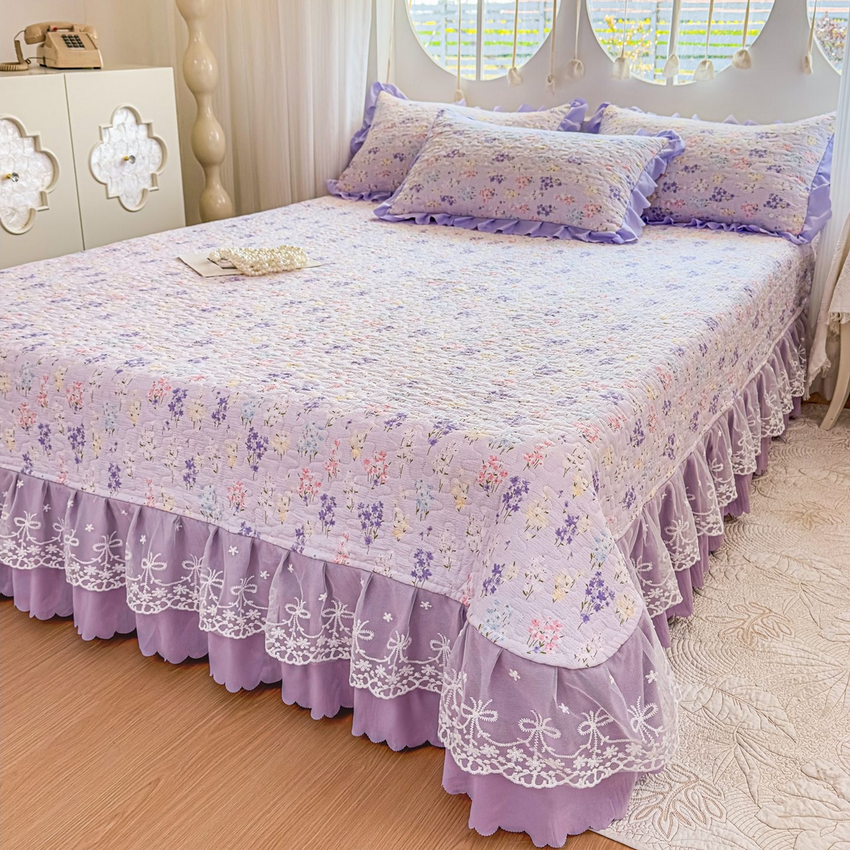 91家纺网 家纺一手货源 找家纺 雅眠居 2026直播爆款泡芙棉双层蕾丝花边床盖四件套 薰衣草