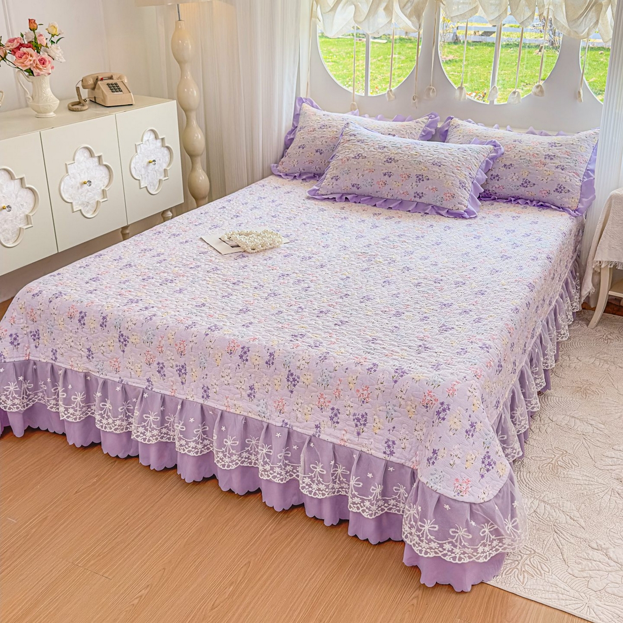 91家纺网 家纺一手货源 找家纺 雅眠居 2026直播爆款泡芙棉双层蕾丝花边床盖四件套 薰衣草