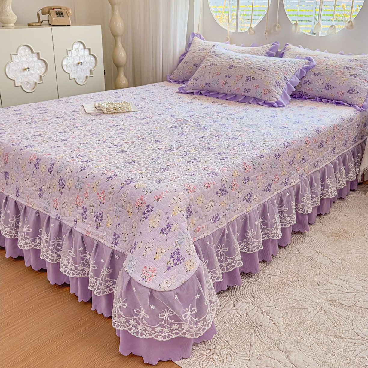 91家纺网 家纺一手货源 找家纺 雅眠居 2026直播爆款泡芙棉双层蕾丝花边床盖四件套 薰衣草