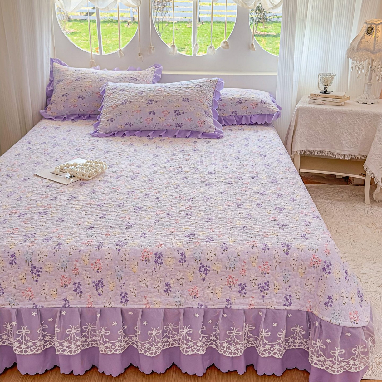 91家纺网 家纺一手货源 找家纺 雅眠居 2026直播爆款泡芙棉双层蕾丝花边床盖四件套 薰衣草