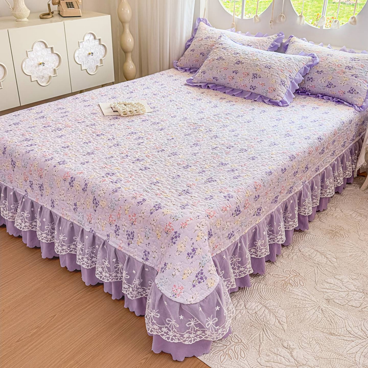 91家纺网 家纺一手货源 找家纺 雅眠居 2026直播爆款泡芙棉双层蕾丝花边床盖四件套 薰衣草