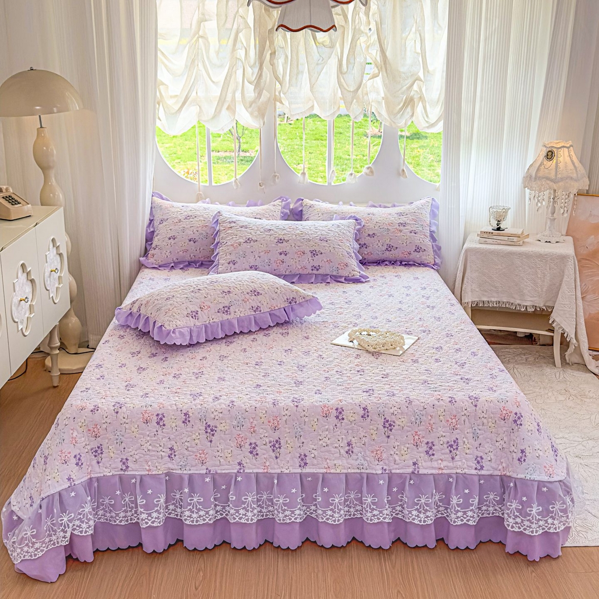 91家纺网 家纺一手货源 找家纺 雅眠居 2026直播爆款泡芙棉双层蕾丝花边床盖四件套 薰衣草