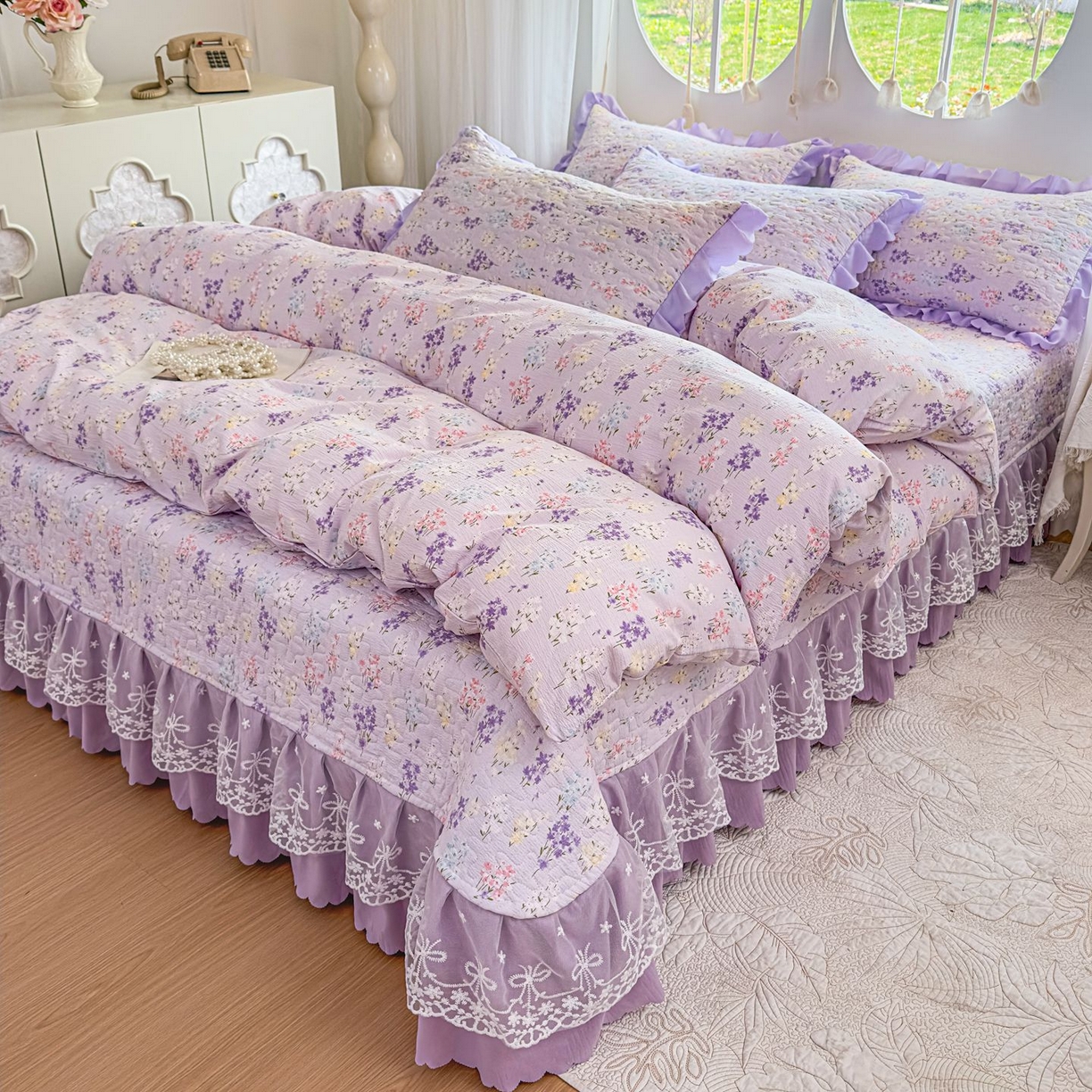 雅眠居 2026直播爆款泡芙棉双层蕾丝花边床盖四件套 薰衣草