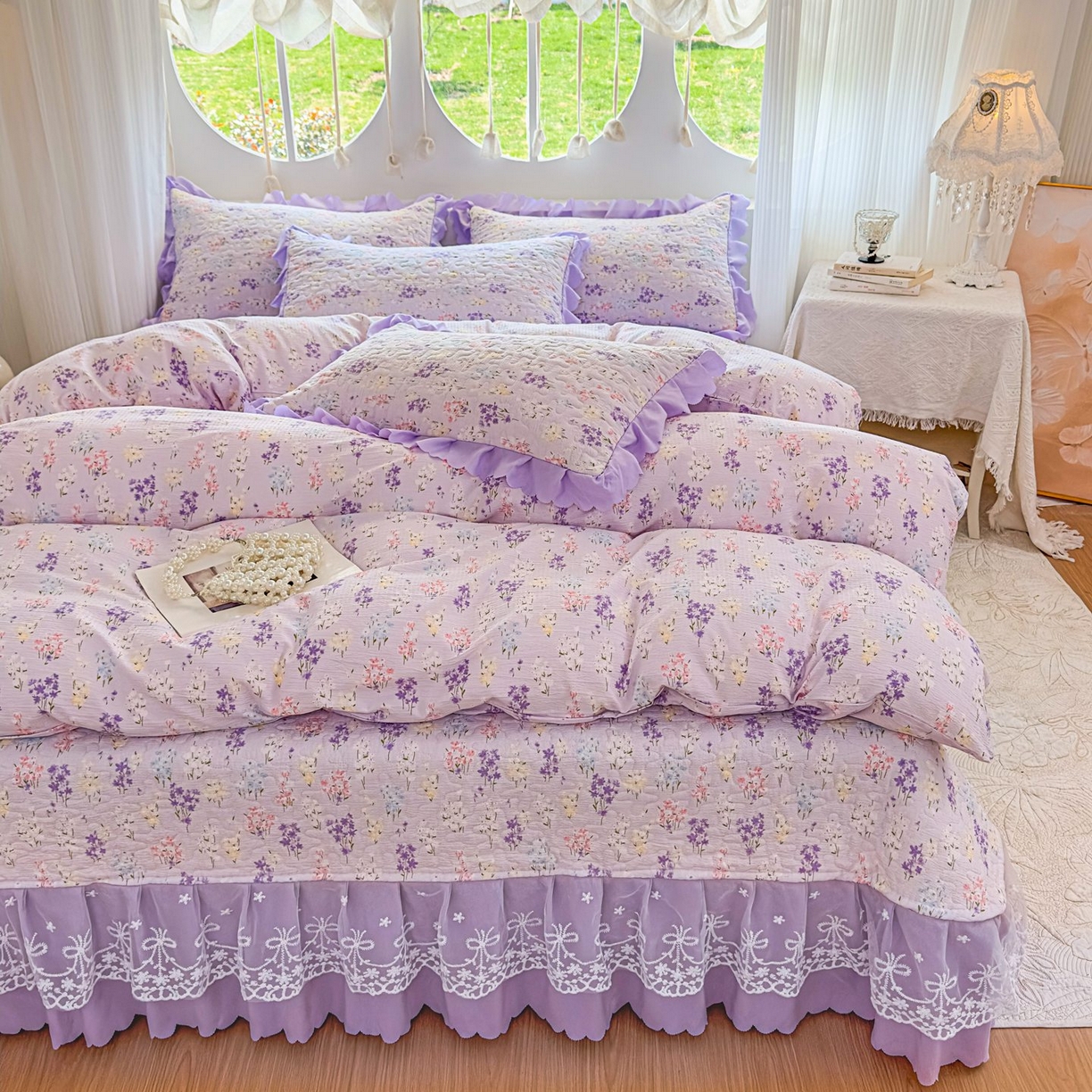 91家纺网 家纺一手货源 找家纺 雅眠居 2026直播爆款泡芙棉双层蕾丝花边床盖四件套 薰衣草