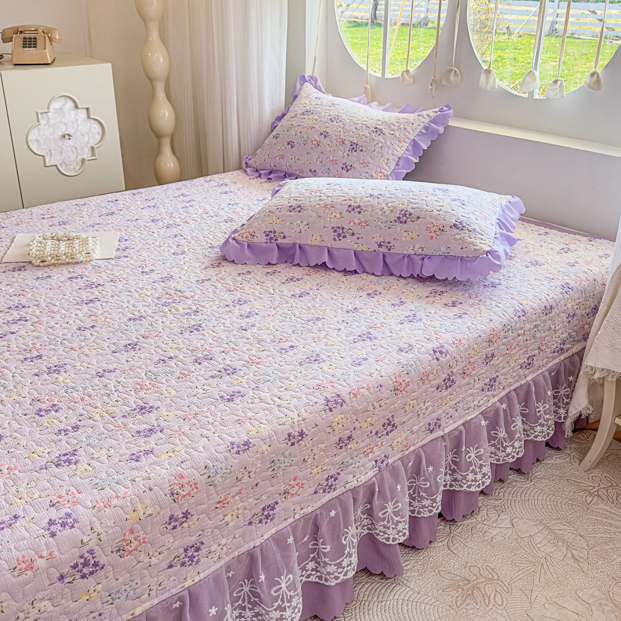 91家纺网 家纺一手货源 找家纺 雅眠居 2026直播爆款泡芙棉双层蕾丝花边床盖四件套 薰衣草