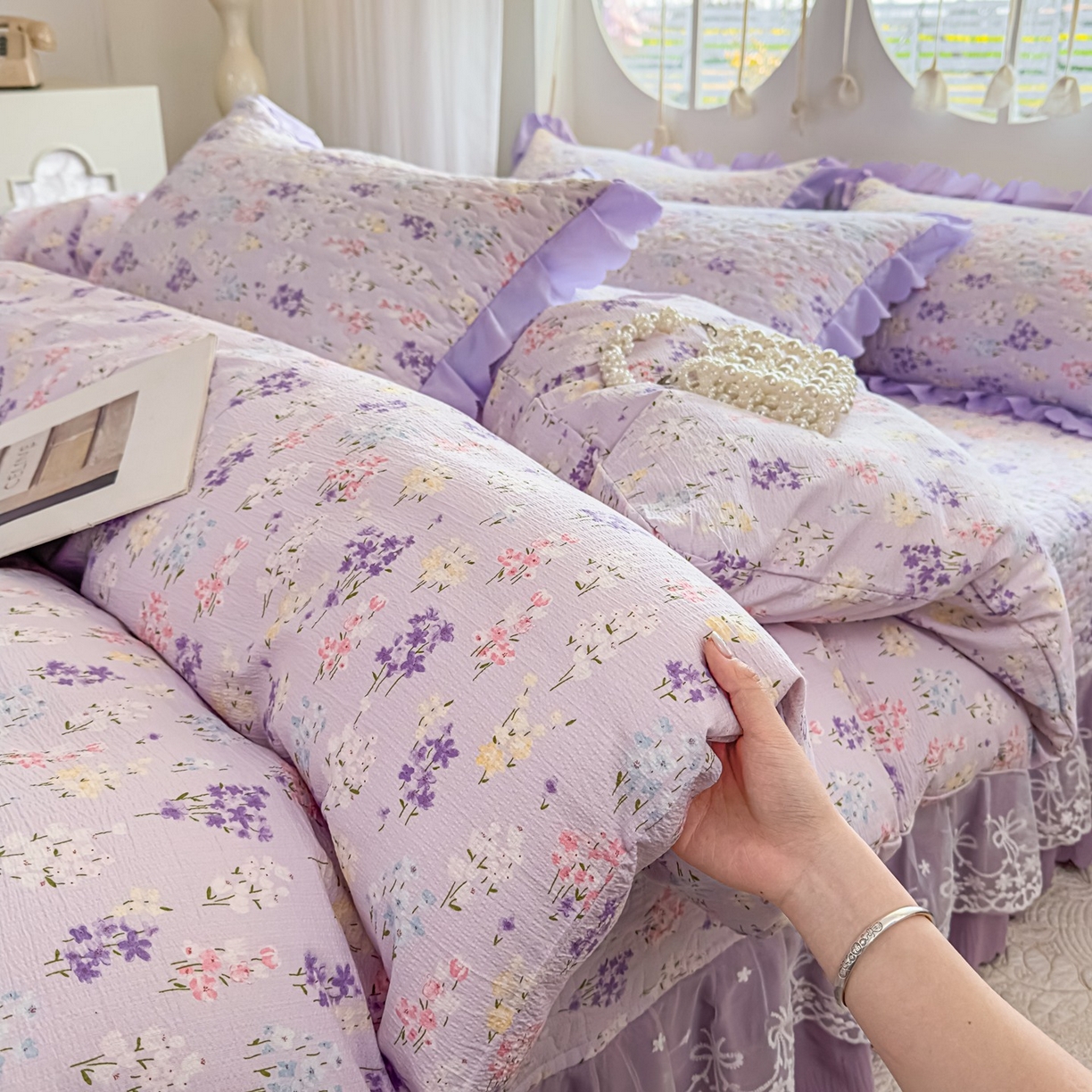 91家纺网 家纺一手货源 找家纺 雅眠居 2026直播爆款泡芙棉双层蕾丝花边床盖四件套 薰衣草